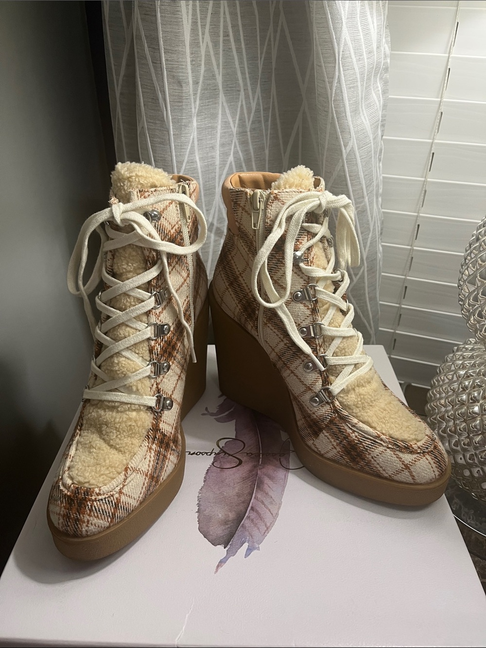 Jessica Simpson Cream Plaid Wedge Lace-Up Boots with Sherpa Trim